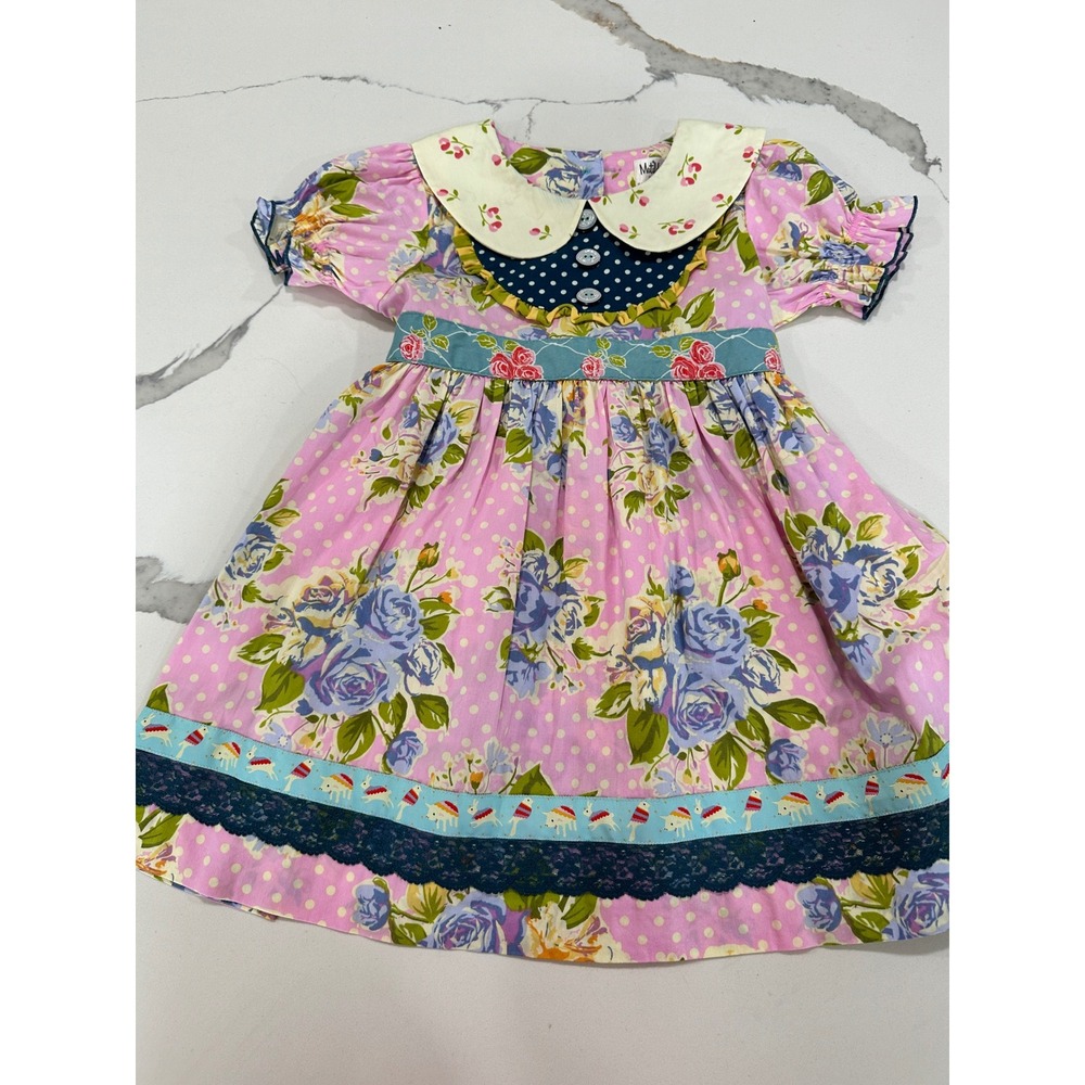 Matilda Jane Girls Pink Floral Polka Dot Mixed Media Dress Peter Pan Collar 4